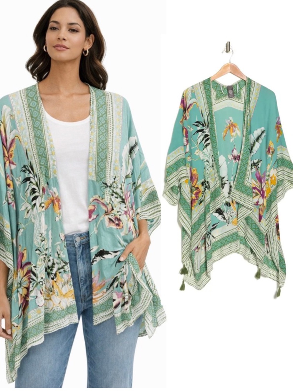 NWT Vince Camuto Tropical Bloom Topper Ruana Blue Floral Tassel Detail Cover Up